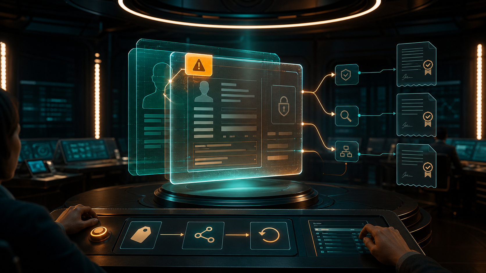 Cinematic 3D operations room where an amber exception label is attached to a protected data record before any proposed change is reviewed.