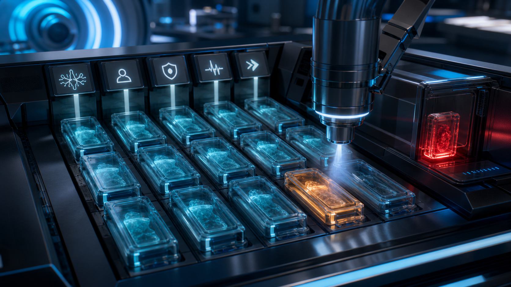 AI-generated 3D close-up of blue and amber sample trays beneath an inspection lens, with a red sample set apart