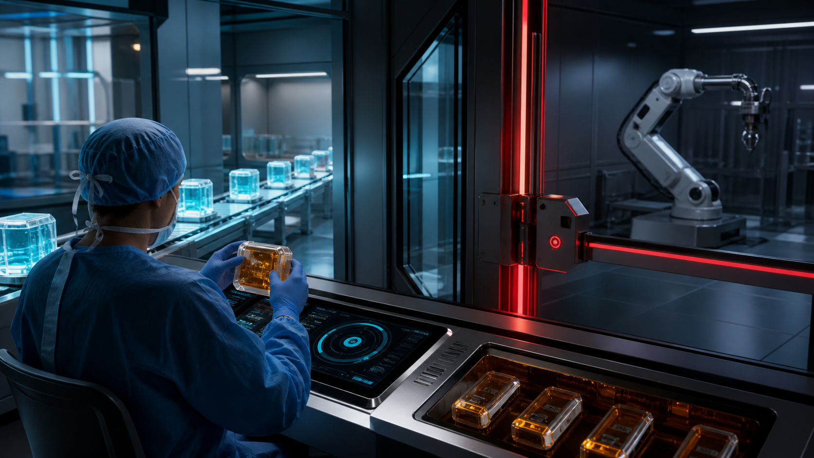 AI-generated 3D operator holding an amber sample outside a glass enclosure with a red barrier and robotic arm