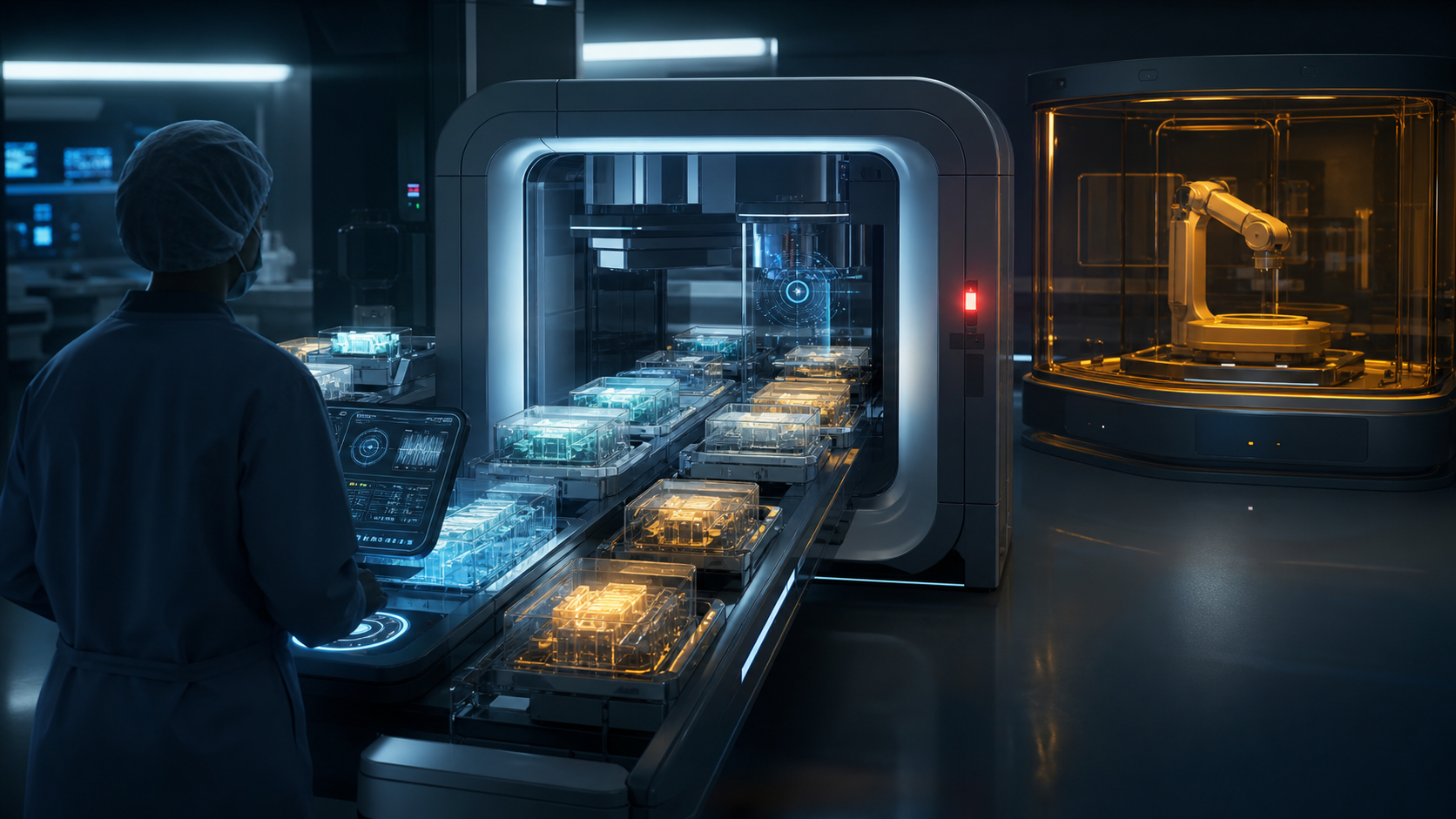 AI-generated 3D diagnostic-lab scene with an operator beside blue and amber sample trays and a separate robotic chamber