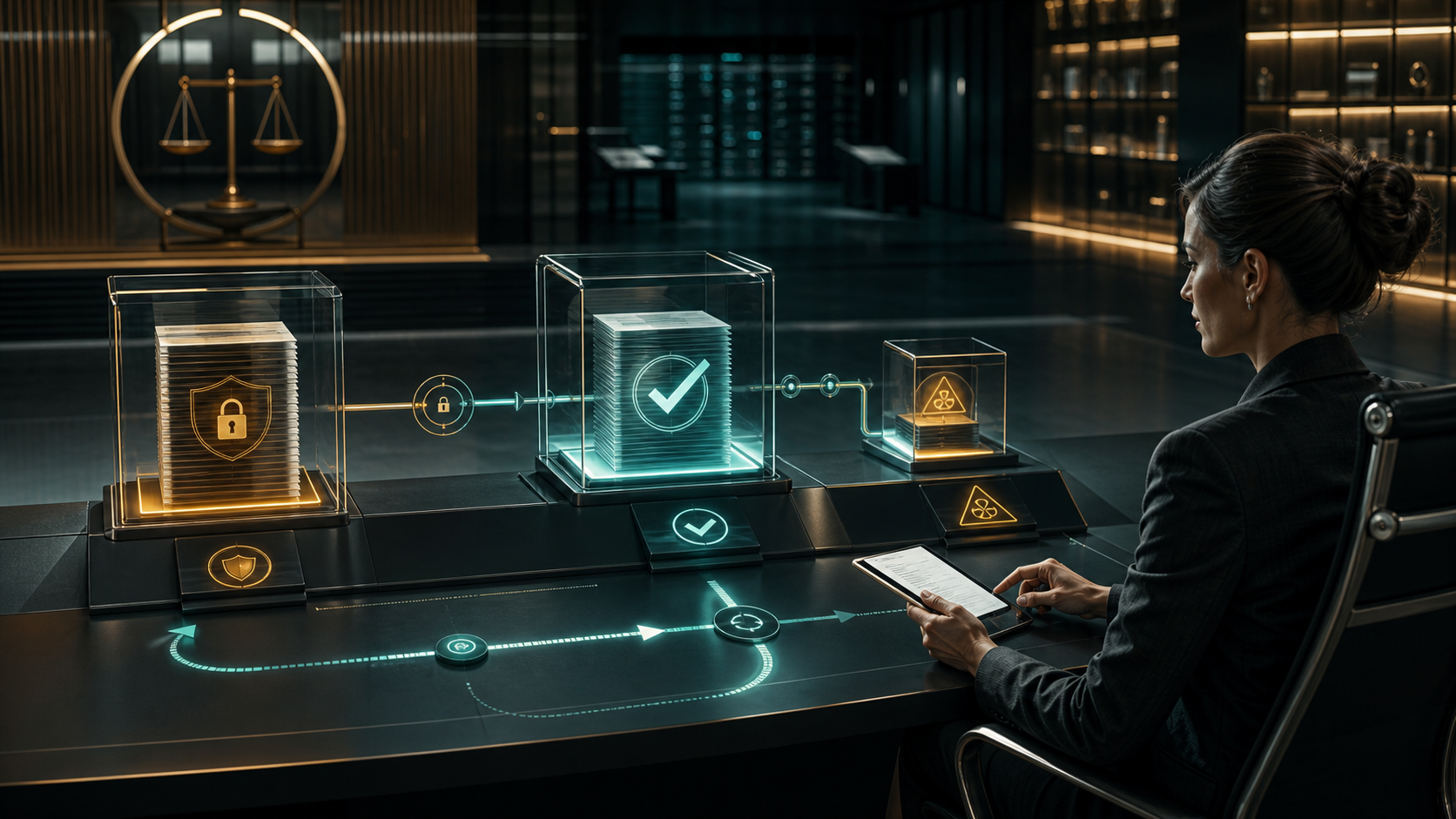 Cinematic 3D reviewer verifying a protected original record, an approved corrected copy, a quarantined exception, an audit receipt, and a visible rollback path.