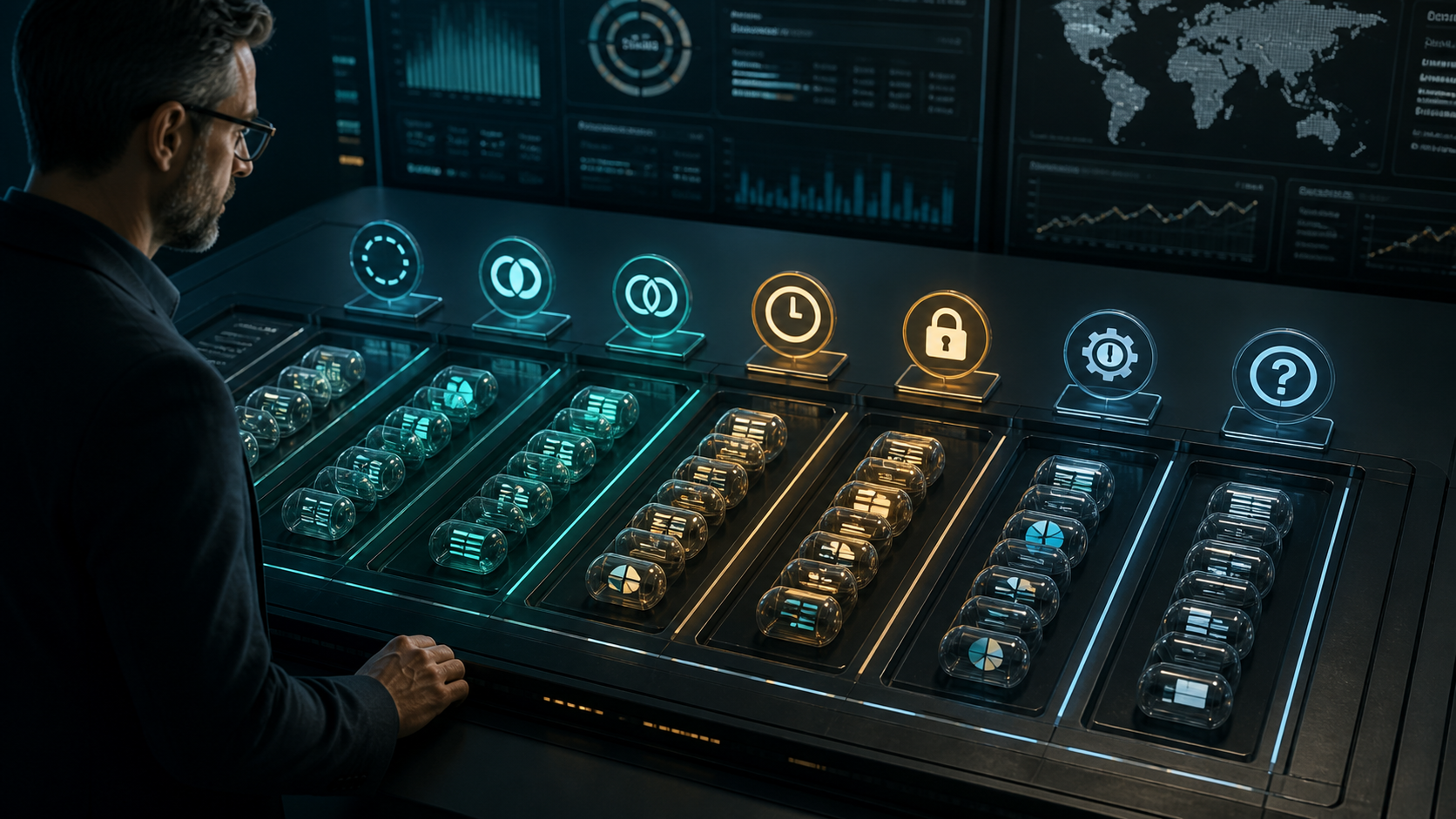 Cinematic 3D analyst triaging protected record capsules into lanes for missing evidence, source conflict, duplicate candidate, stale state, policy hold, system failure, and unknown.