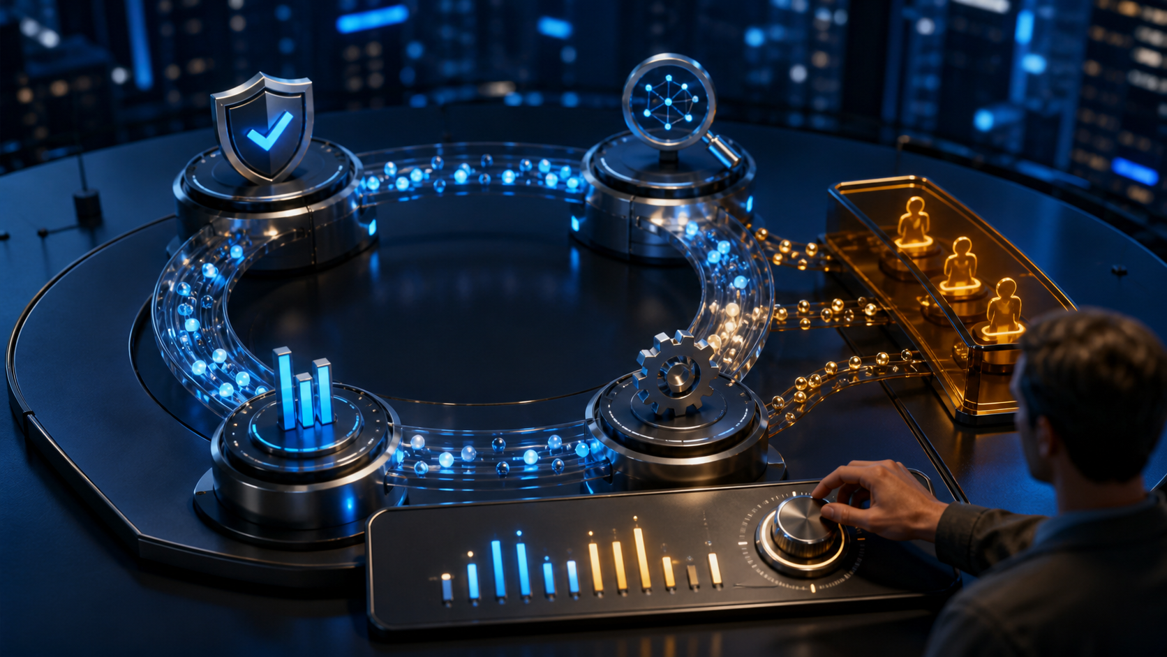 A cinematic 3D continuous-monitoring loop with governance, context, measurement, corrective-action stations, a human threshold control, and a separate exception queue.