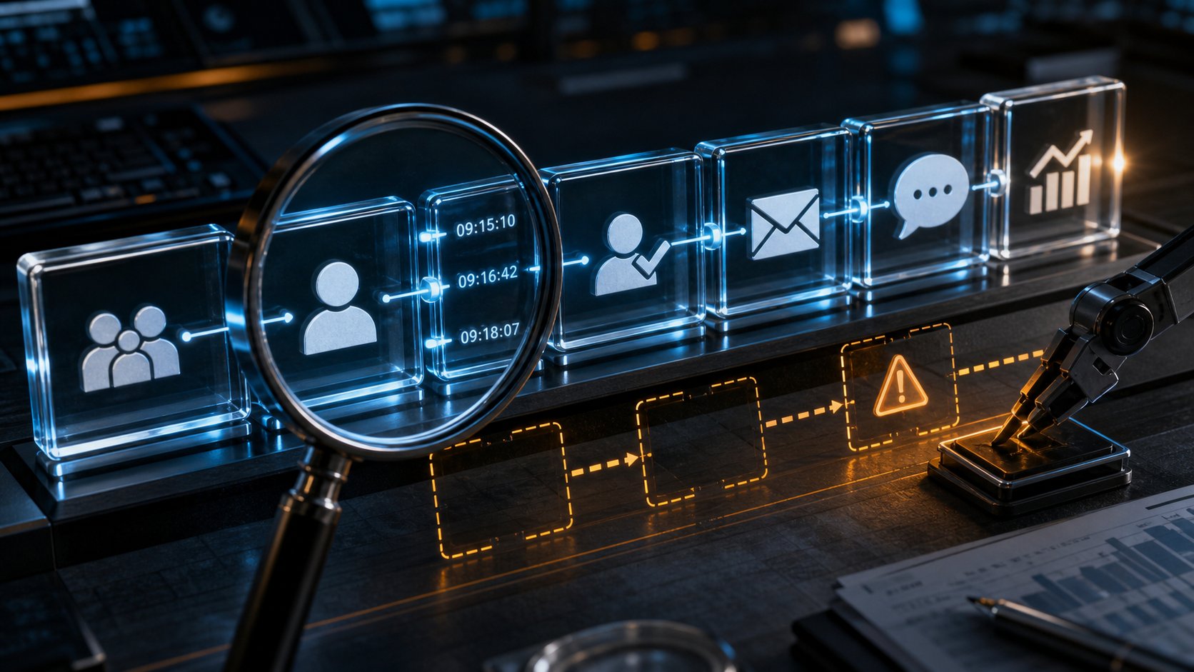 A 3D glass-tile timeline of source, assignment, approval, communication, reply, and outcome receipts, with a missing automation branch flagged for review.