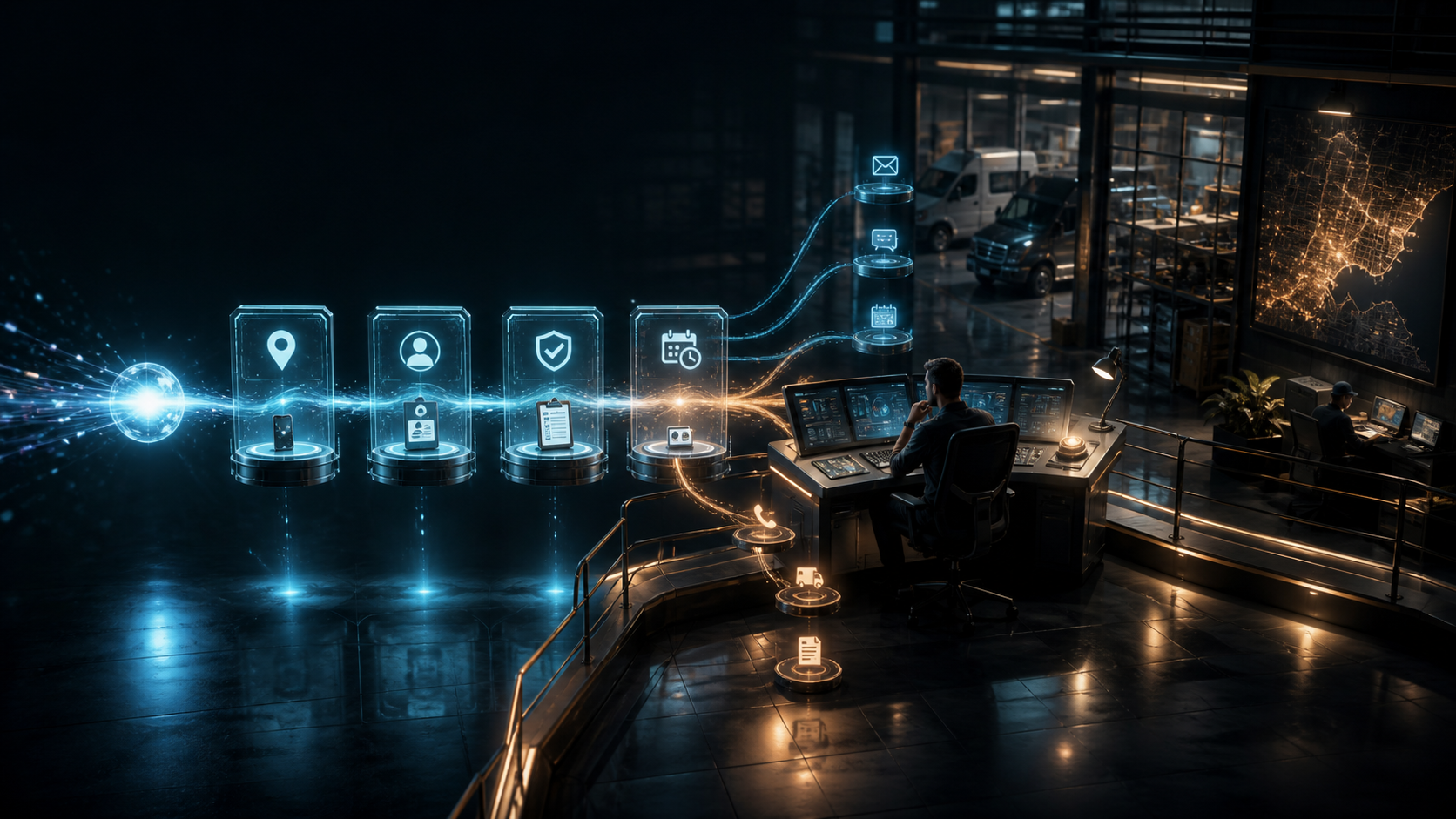 Cinematic 3D operations room showing a lead moving through transparent evidence checkpoints toward a human approval console.