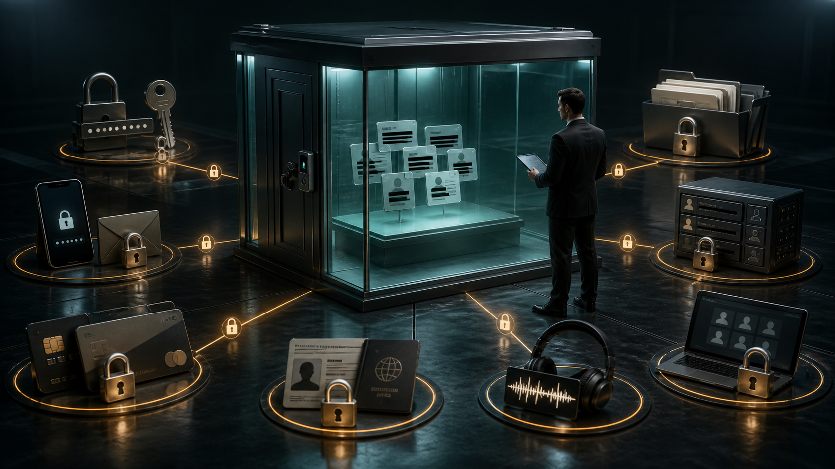 Cinematic 3D review chamber containing a few redacted record cards while credentials, payment data, identity documents, recordings, full archives, inboxes, and sessions remain locked outside.