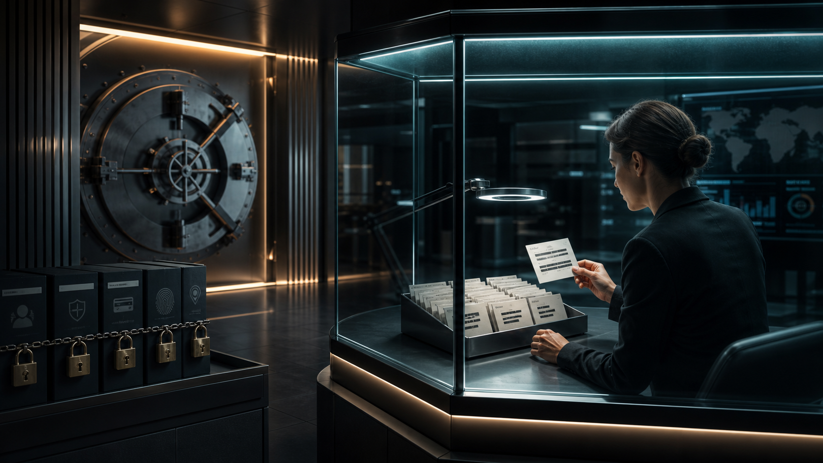 Cinematic 3D analyst reviewing a small redacted lead sample while the full CRM and sensitive categories remain locked outside the review chamber.