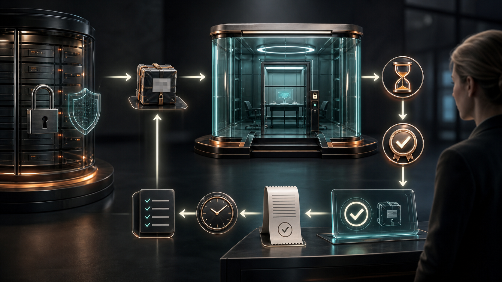 Cinematic 3D privacy-safe sample lifecycle from a redacted package and manifest through controlled review, expiry, verified return or deletion, and an audit receipt while the source database remains sealed.