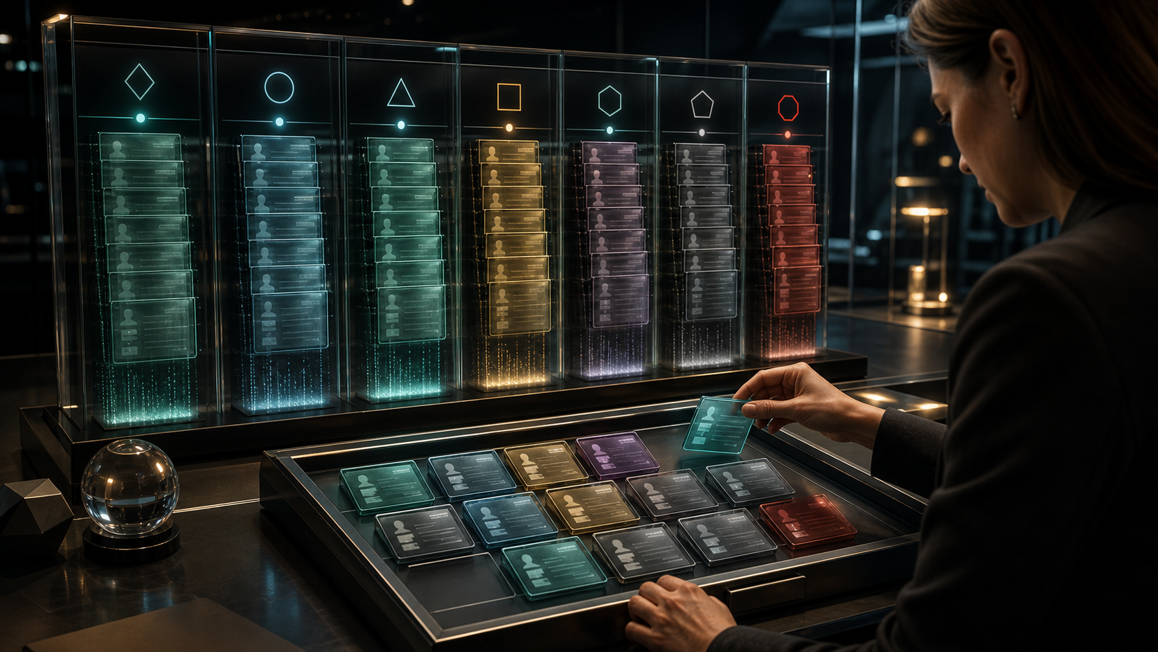 Cinematic 3D analyst selecting a small redacted sample across different lead sources, owners, states, ordinary cases, exceptions, suppressions, and failed handoffs while full populations stay behind privacy glass.