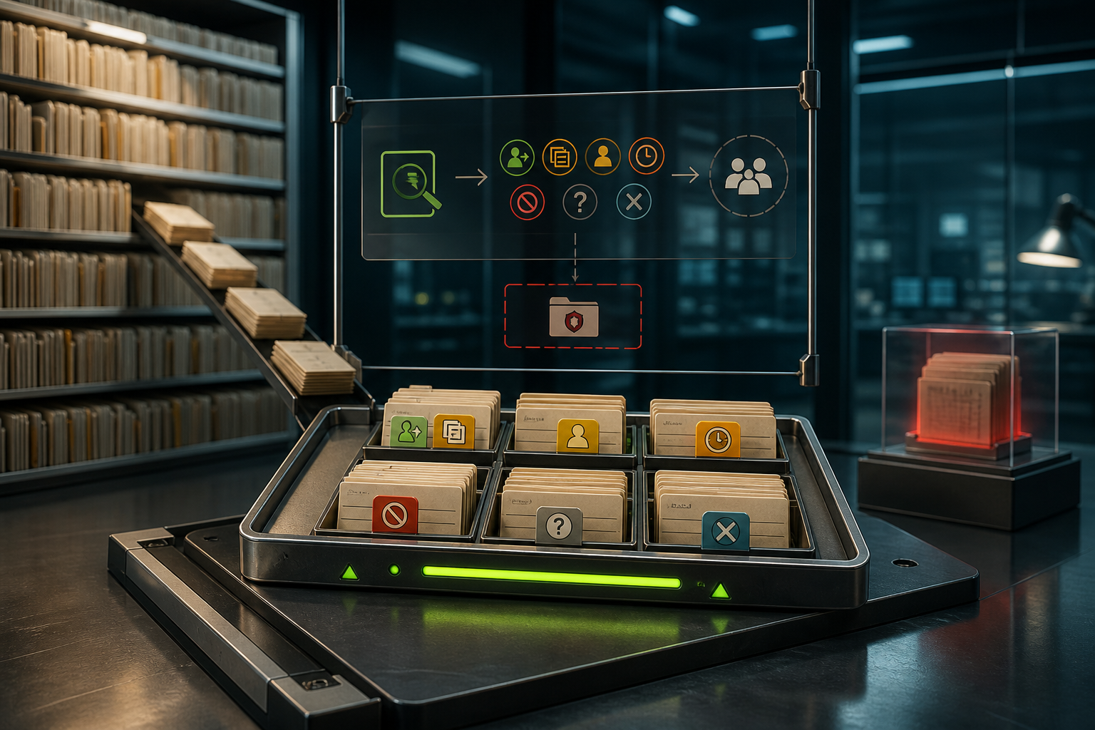 Cinematic 3D bounded sample tray containing ordinary, duplicate, delayed, missing-owner, do-not-contact, missing-context, and resolved-negative workflow categories.