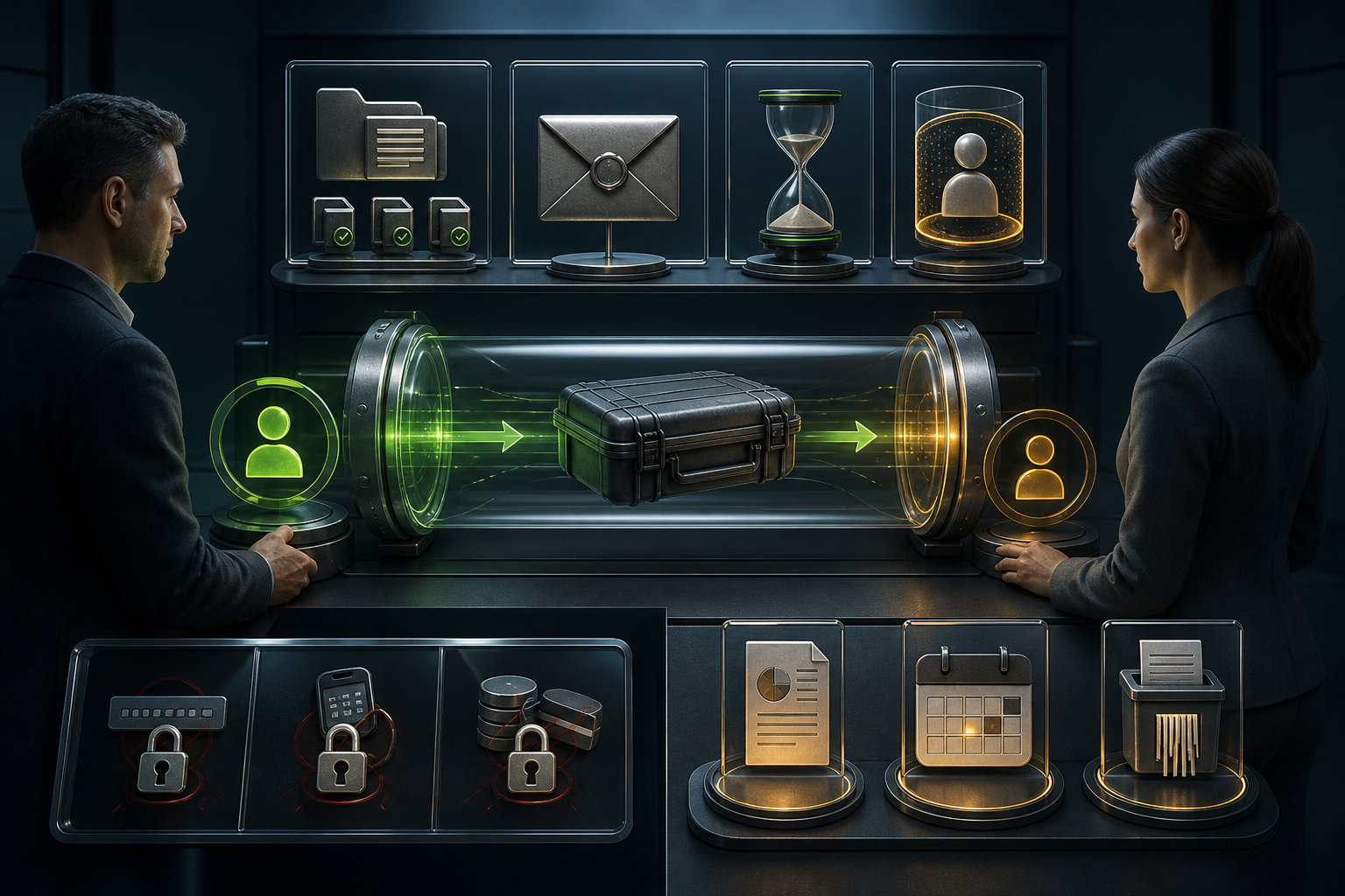 Cinematic 3D controlled packet transfer with authorized sender, reviewer, exact-file manifest, receipt, access window, return summary, retention, and disposal controls while secrets remain outside.