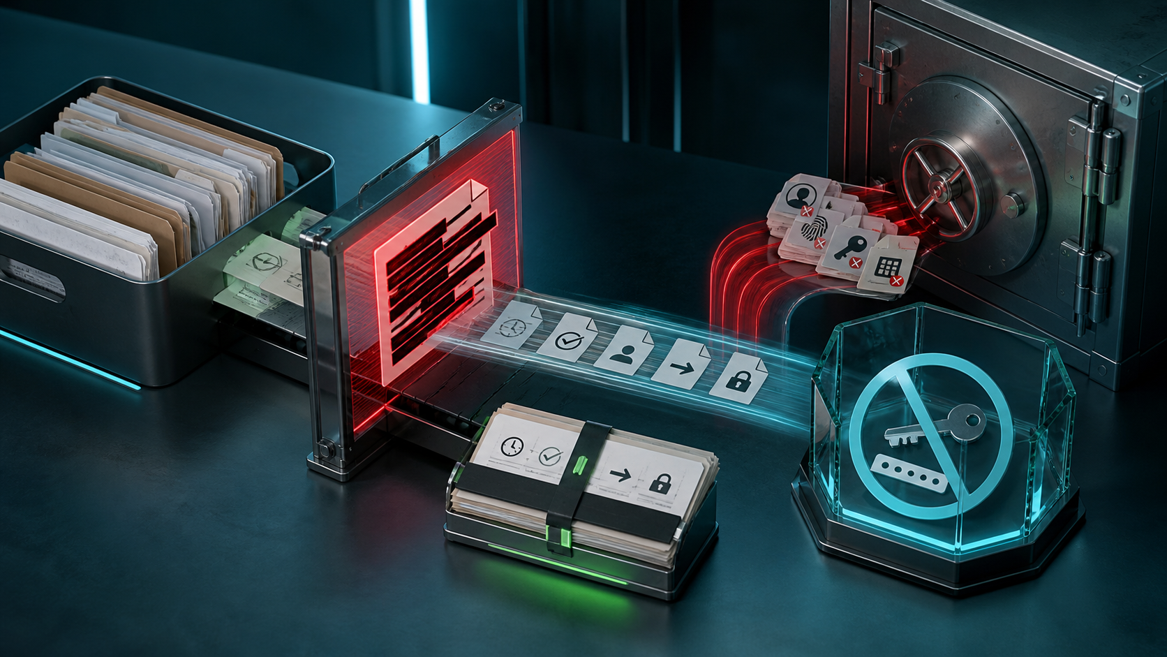 Cinematic 3D workflow records passing through a redaction gate while sensitive identifiers and account credentials remain locked outside a compact review packet.