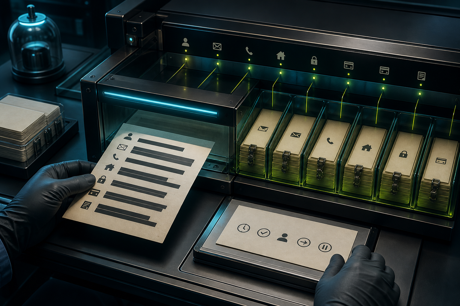 Cinematic 3D privacy workstation routing identity, email, phone, address, credential, payment, and private-note fields into sealed compartments while workflow tokens continue.