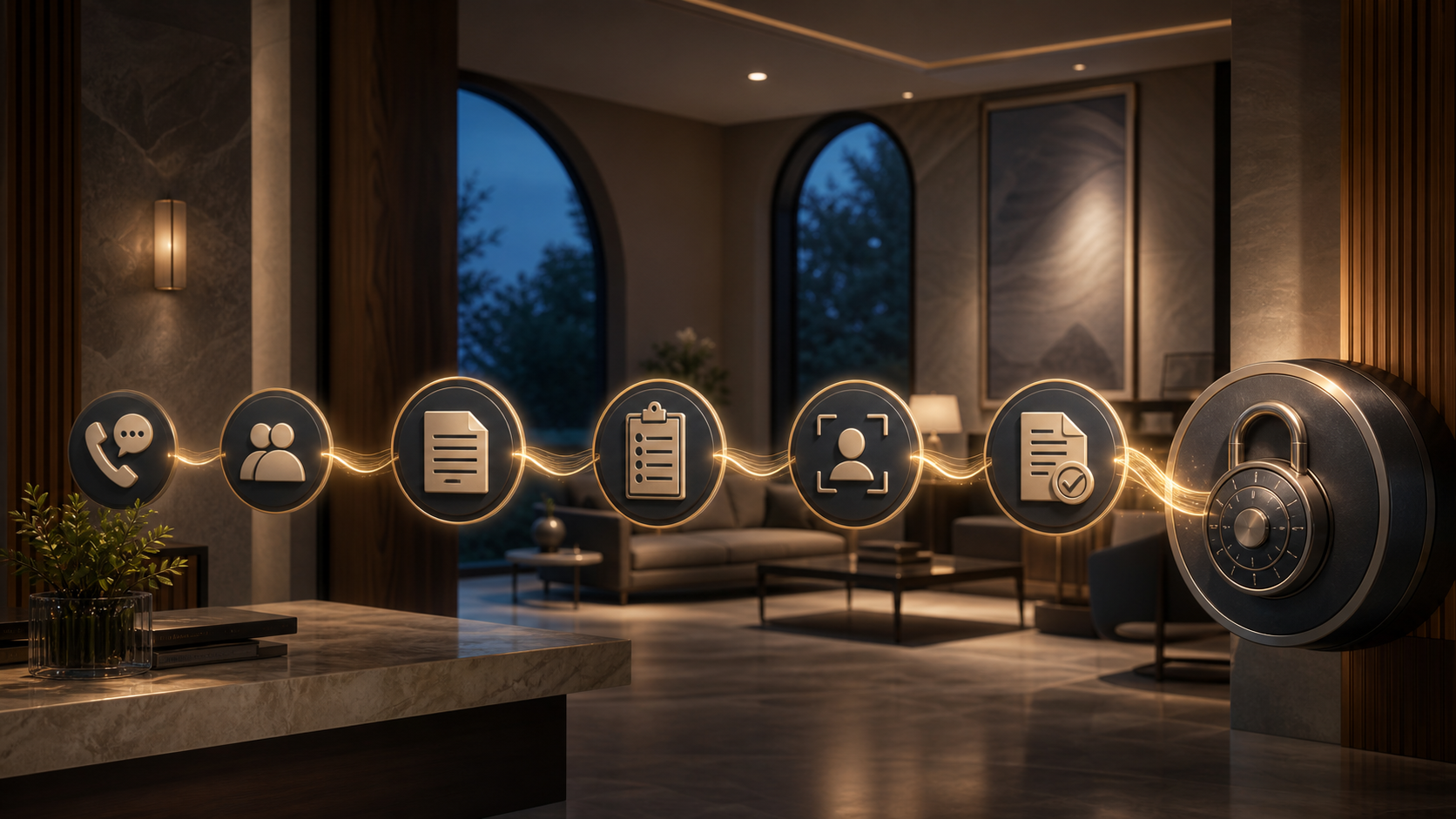 Respectful cinematic 3D consultation room with a price-request evidence chain ending at a locked inquiry-volume control.