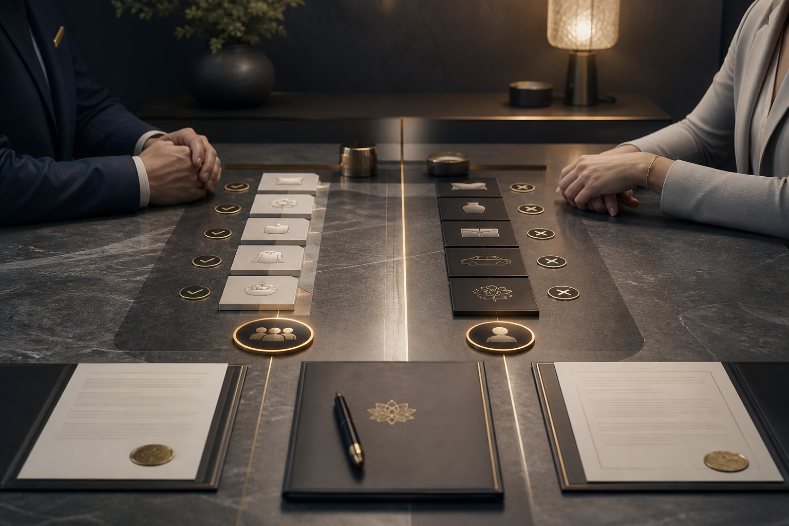 Respectful cinematic 3D consultation table with separate itemized selected and declined choices, authorization evidence, and final statement artifacts.