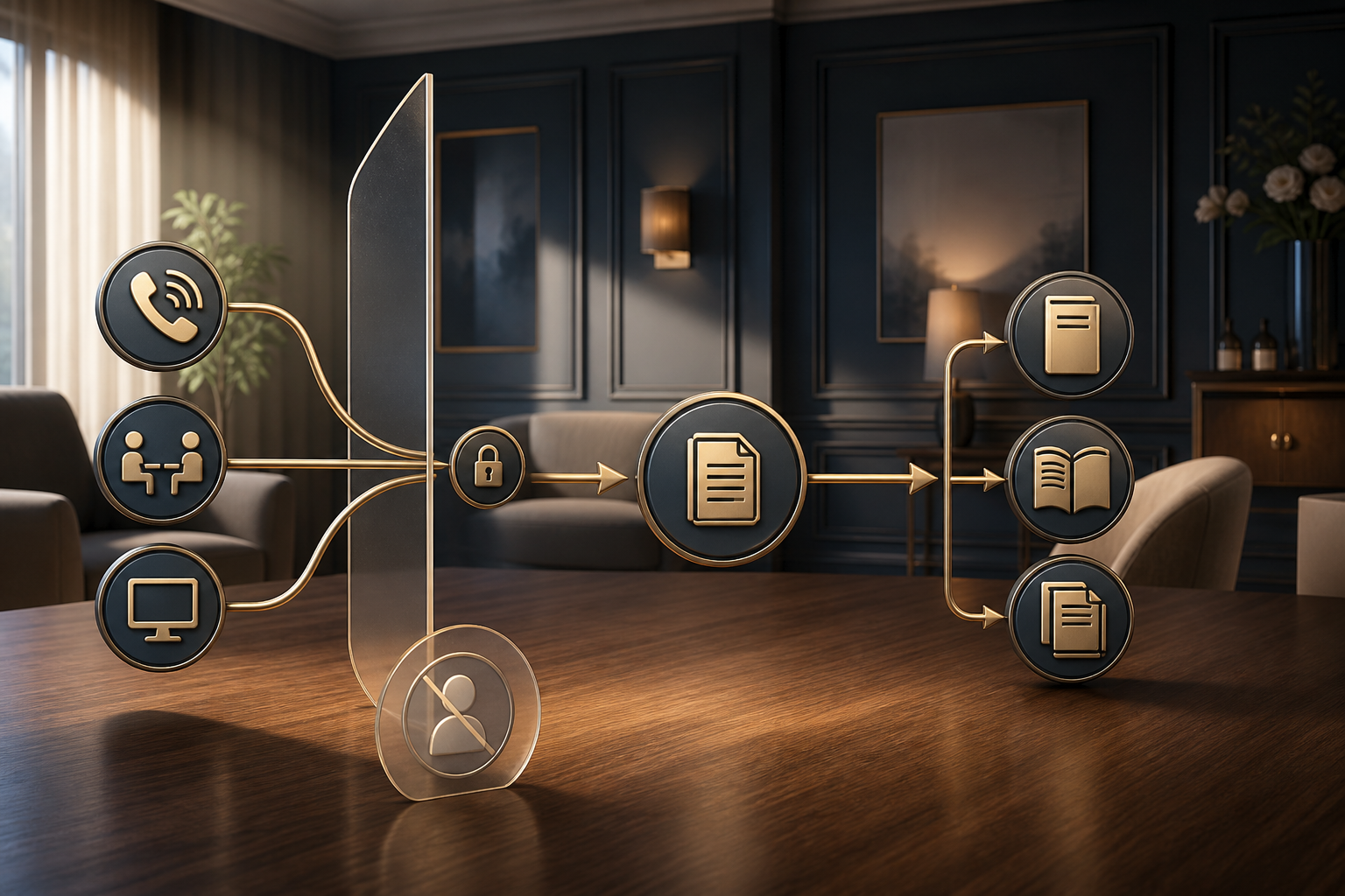 Respectful cinematic 3D workflow showing telephone, in-person, and digital price-request channels crossing a privacy boundary into current information artifacts.