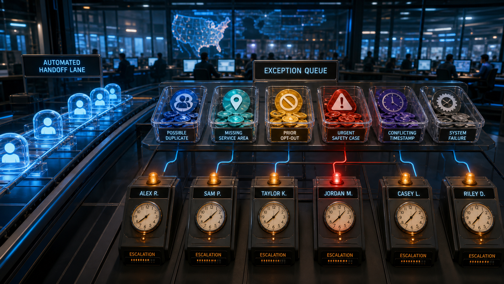 Cinematic 3D exception queue with separate trays for duplicates, service area, opt-out, urgent safety, timestamp conflicts, and system failure, each connected to an owner and clock.
