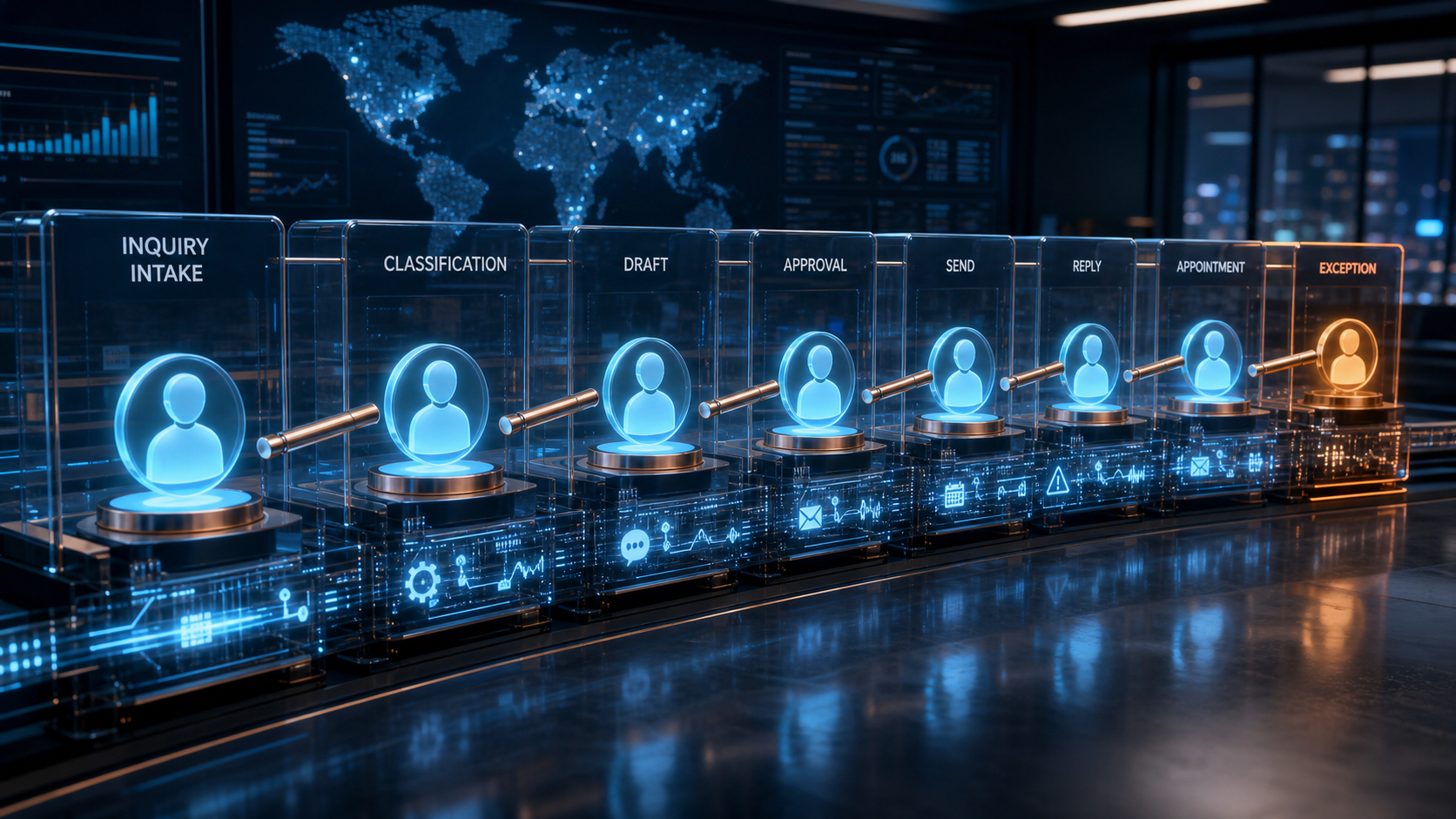 Cinematic 3D customer workflow where each automated transition passes responsibility to a visible human owner and one unresolved exception glows amber.