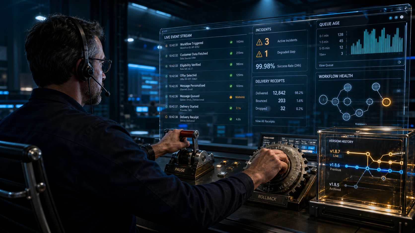 A human operations owner monitors live events, incidents, queue age, and delivery receipts while controlling a physical pause lever and version rollback wheel.
