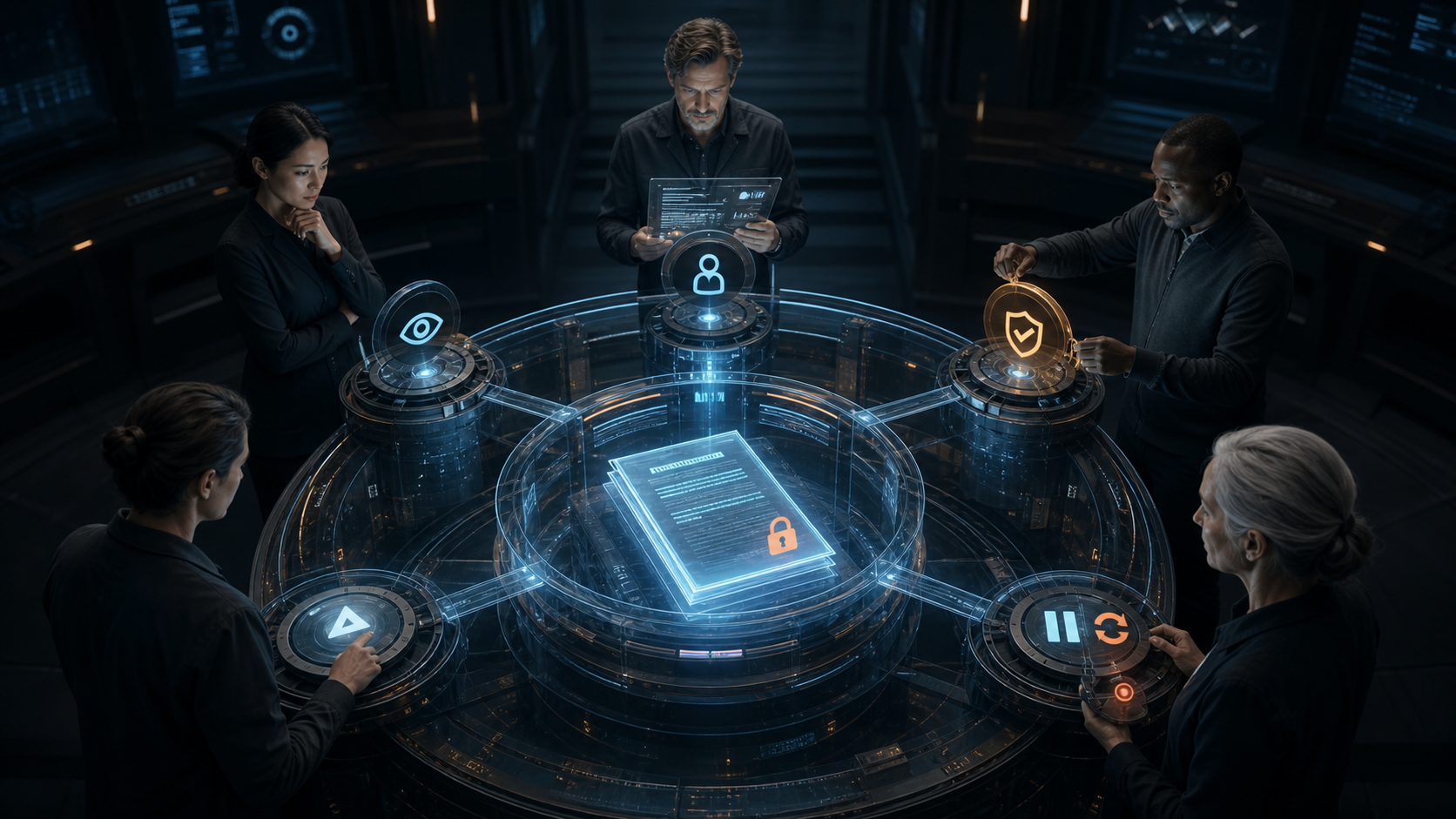 Five human roles around a transparent automation machine representing observation, decision, approval, execution, and incident pause or rollback.