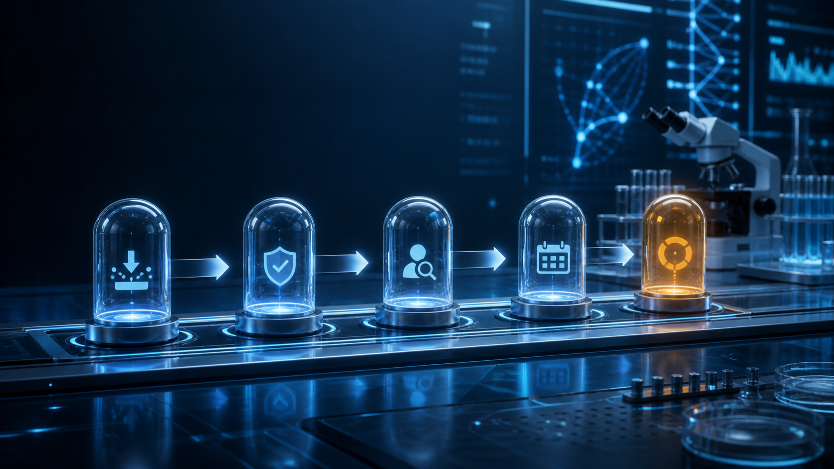 AI-generated glass capsules with intake, shield, person and calendar symbols leading to an amber capsule.