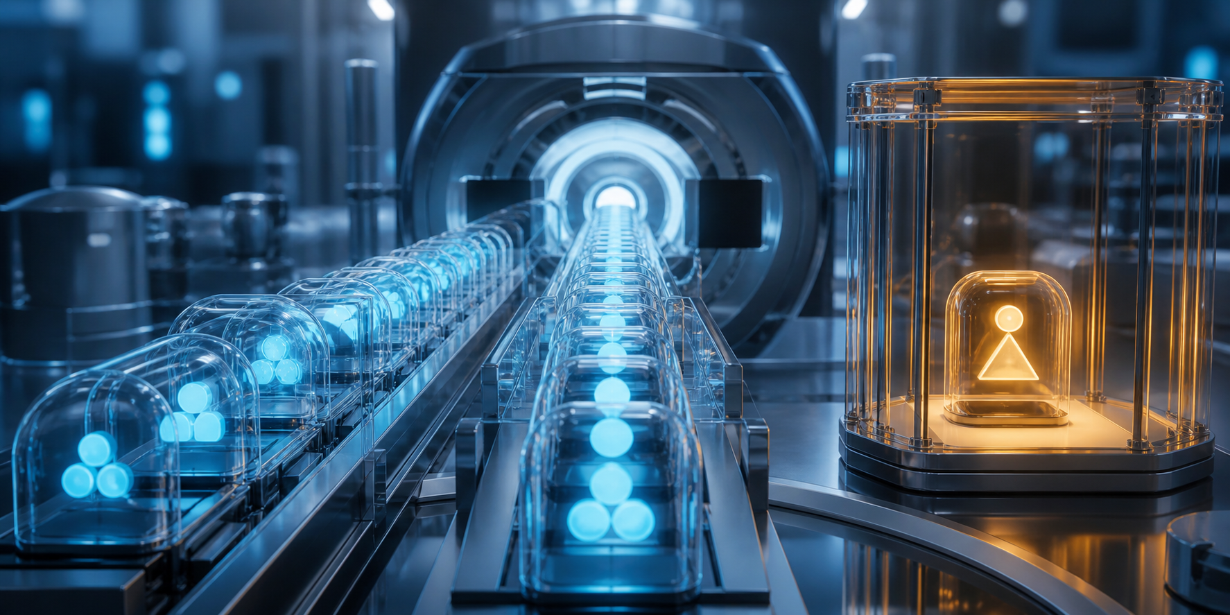 AI-generated rows of blue glass capsules beside one amber capsule held in a separate enclosure.