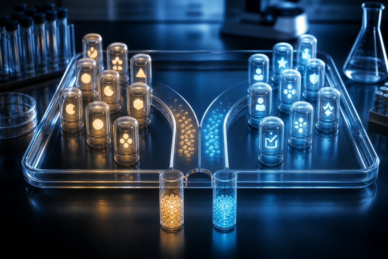 AI-generated tray with separate amber and blue glass capsules carrying different abstract symbols.