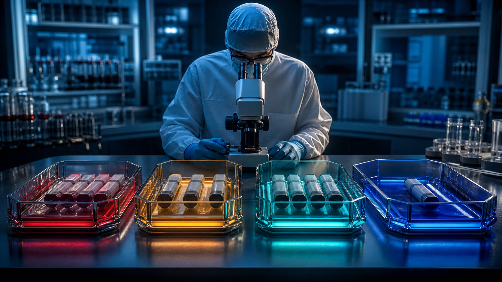 AI-generated technician examining containers in four differently colored trays, a visual analogy for keeping review categories separate