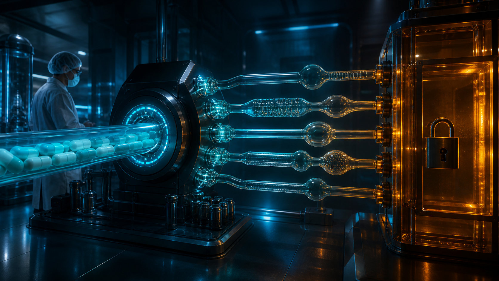 AI-generated laboratory scene with blue glass channels leading to a locked amber chamber, representing checks before a cost decision