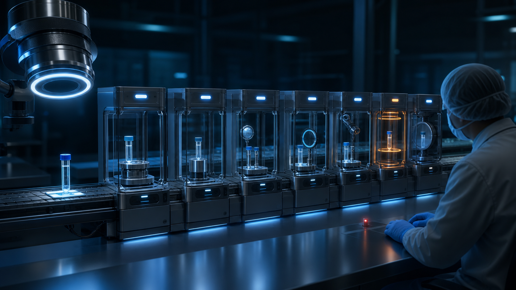 AI-generated row of glass inspection stations with one amber station and a technician watching the sequence