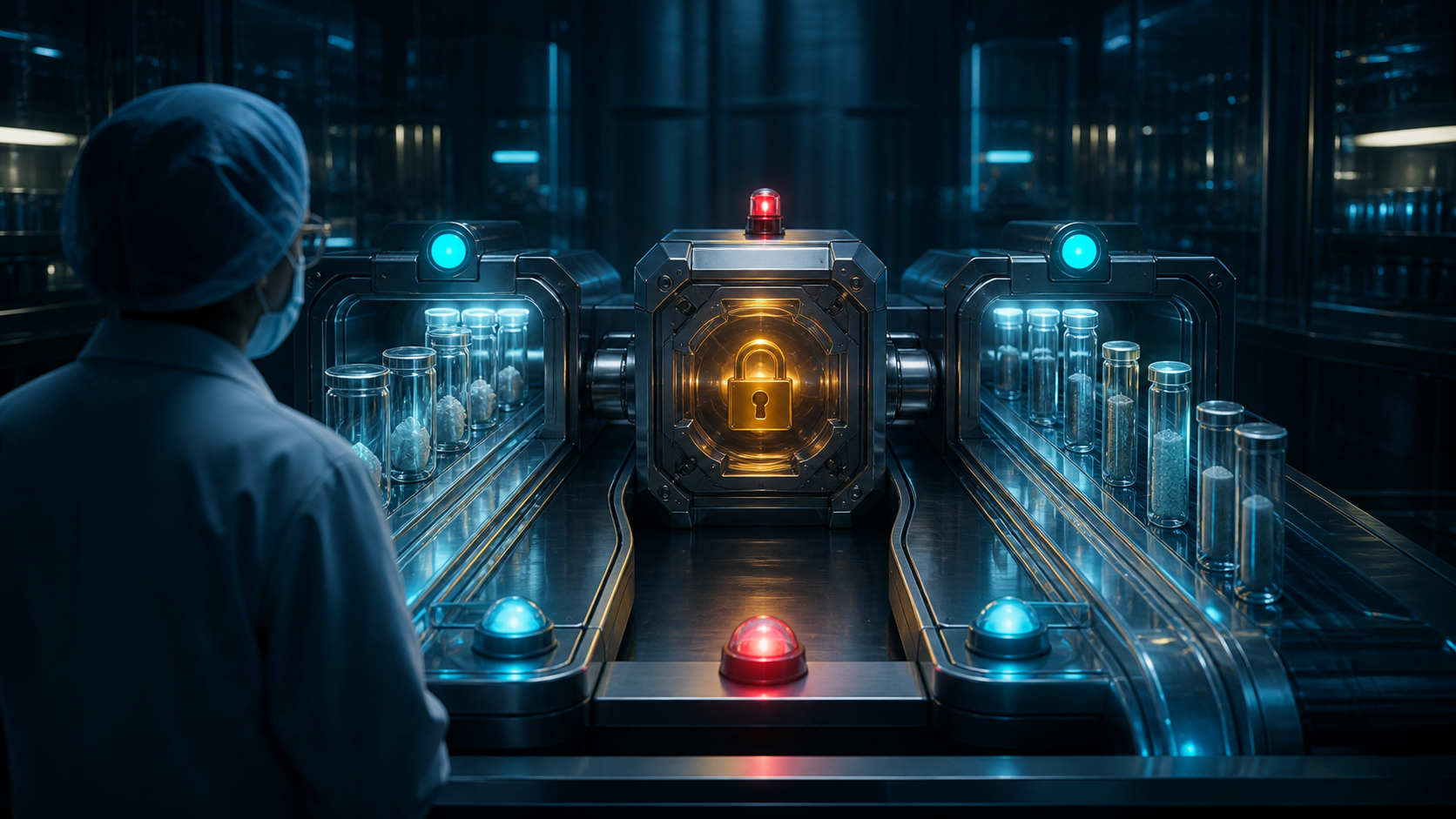 AI-generated locked amber control between two glass sample banks, representing separate workflow and business checks
