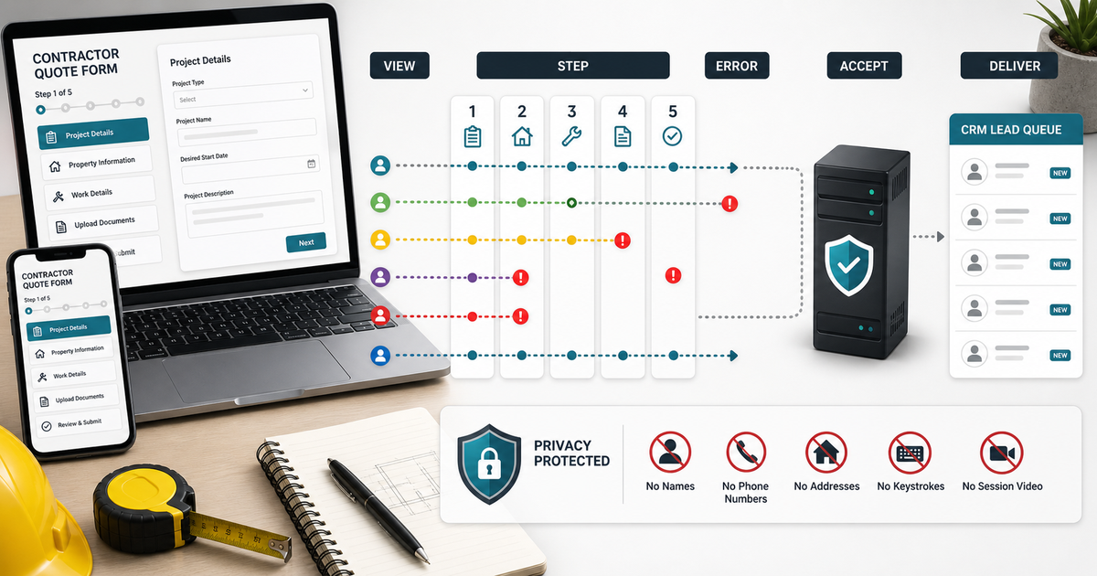 A contractor quote form flows through five anonymous steps, error checkpoints, server acceptance, and CRM delivery beside a privacy-protected data notice.