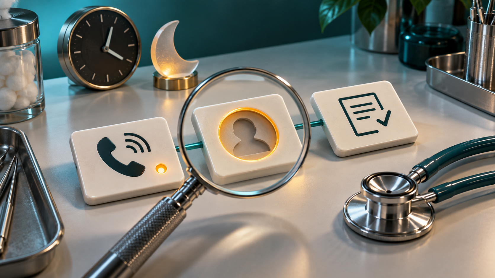 A magnifying lens highlights an empty owner socket between a phone card and a callback note, beside a clock and moon symbol.