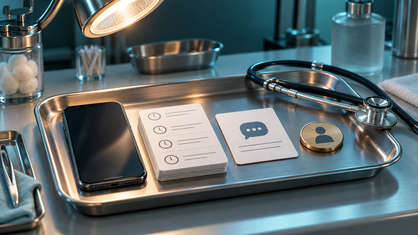 A phone, abstract call-log cards, a message card and an owner token sit on a diagnostic examination tray.
