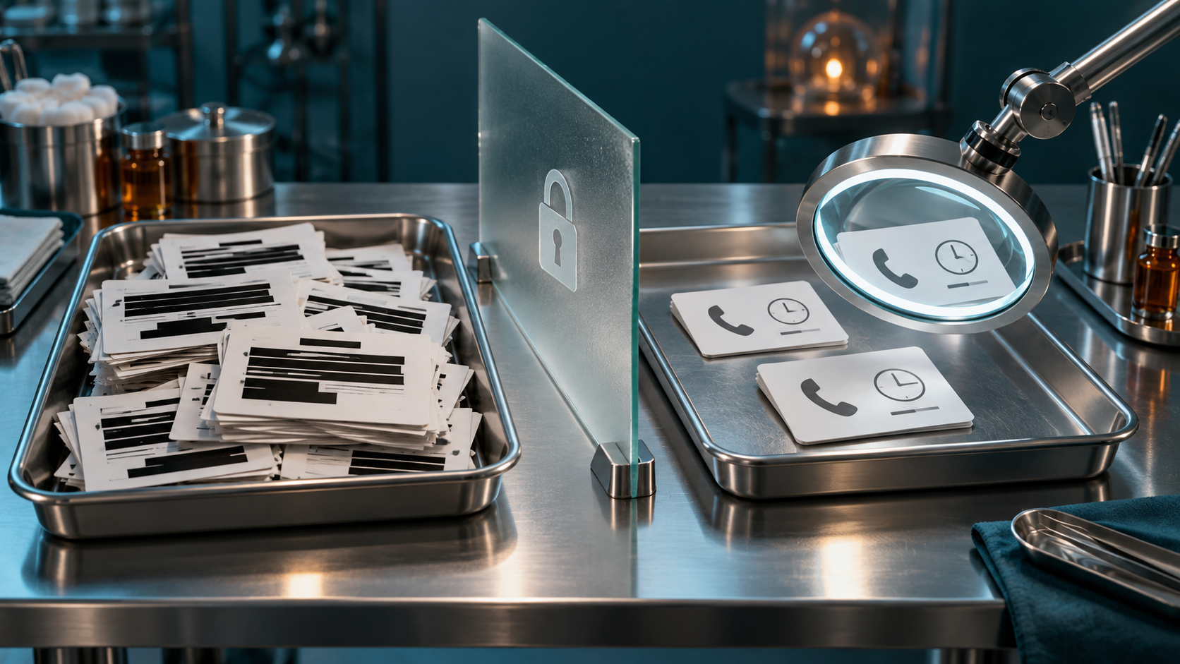 An examination lens inspects a few minimal call cards beside a tray of heavily redacted records and a glass privacy symbol.