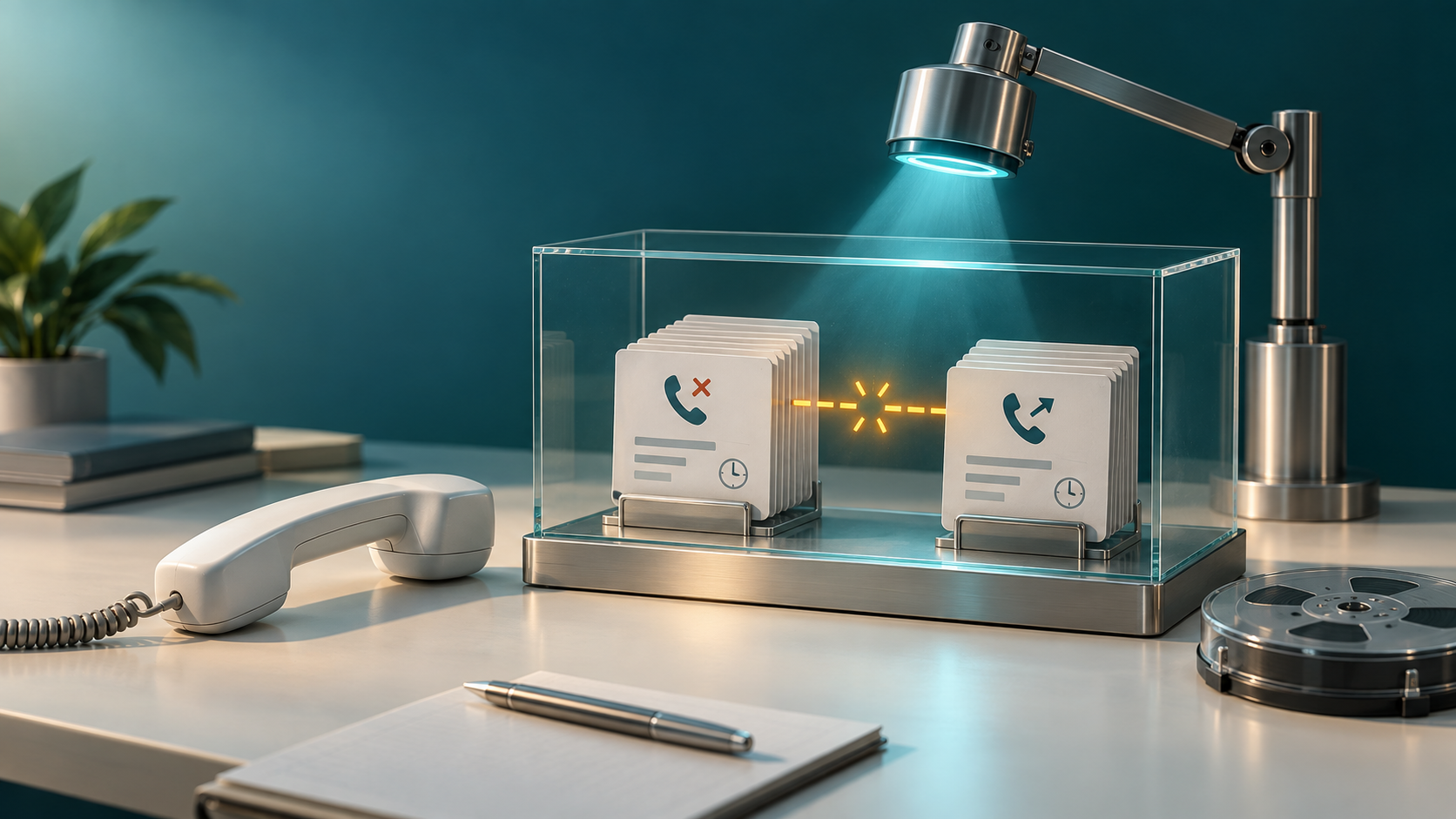 A diagnostic lamp examines the gap between missed-call and callback cards while an audio reel sits aside.