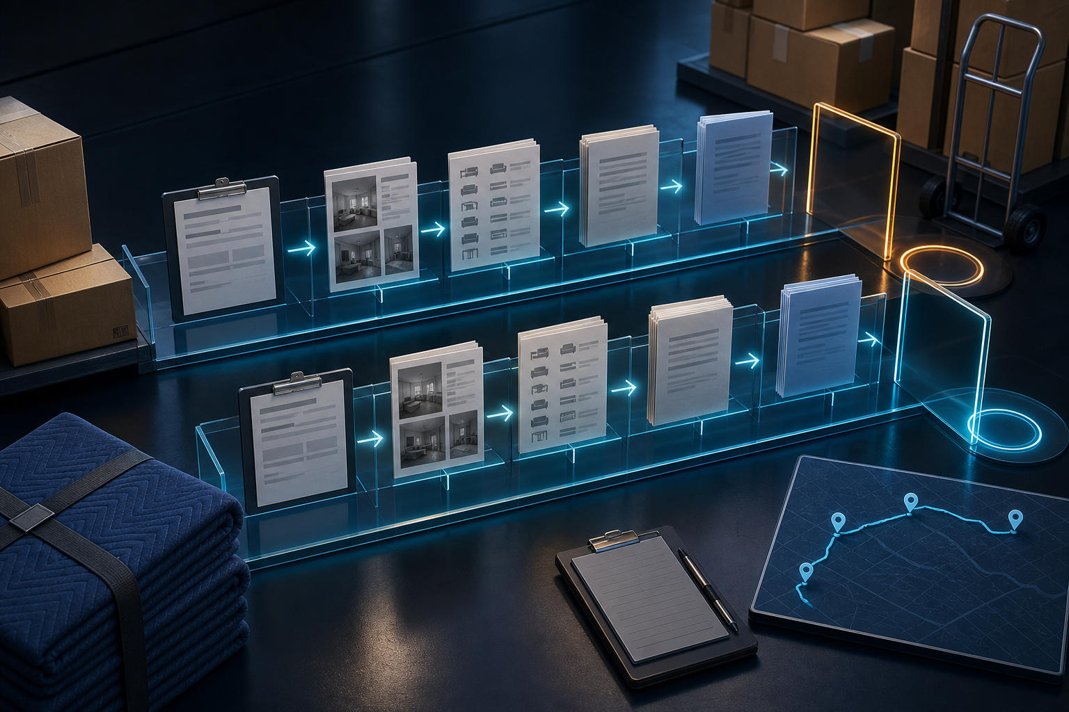 Cinematic 3D moving estimate version workflow with request, survey, scope, written versions, and separate approval or hold boundaries.