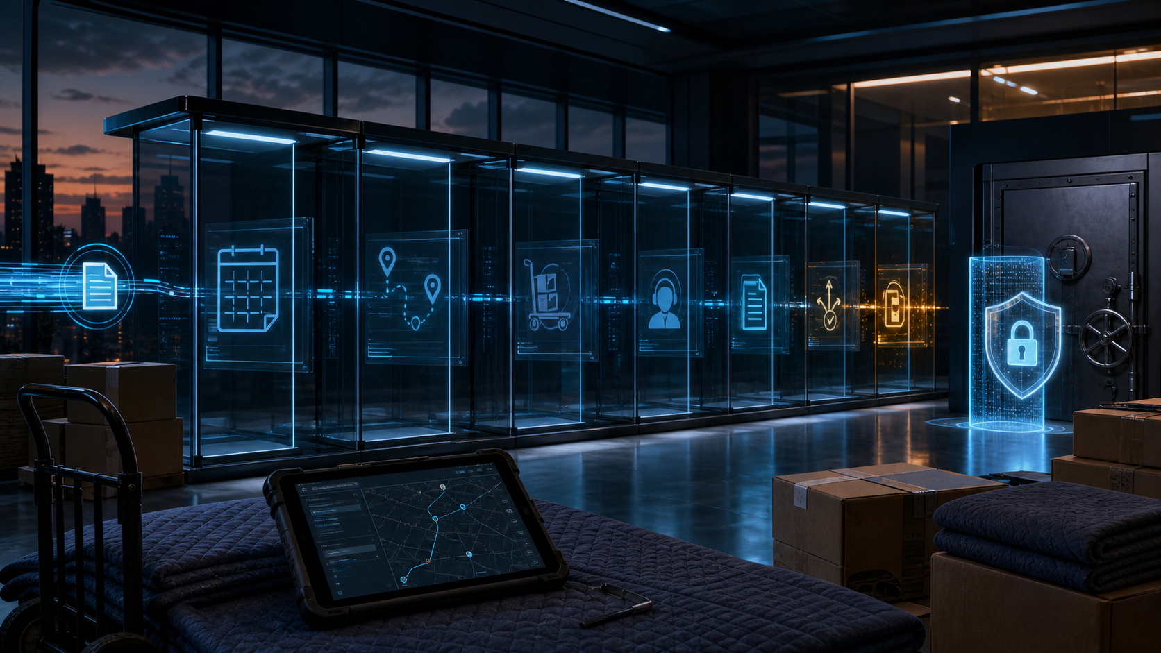 Cinematic 3D moving-company operations room with a quote request evidence chain and a locked lead-budget control.