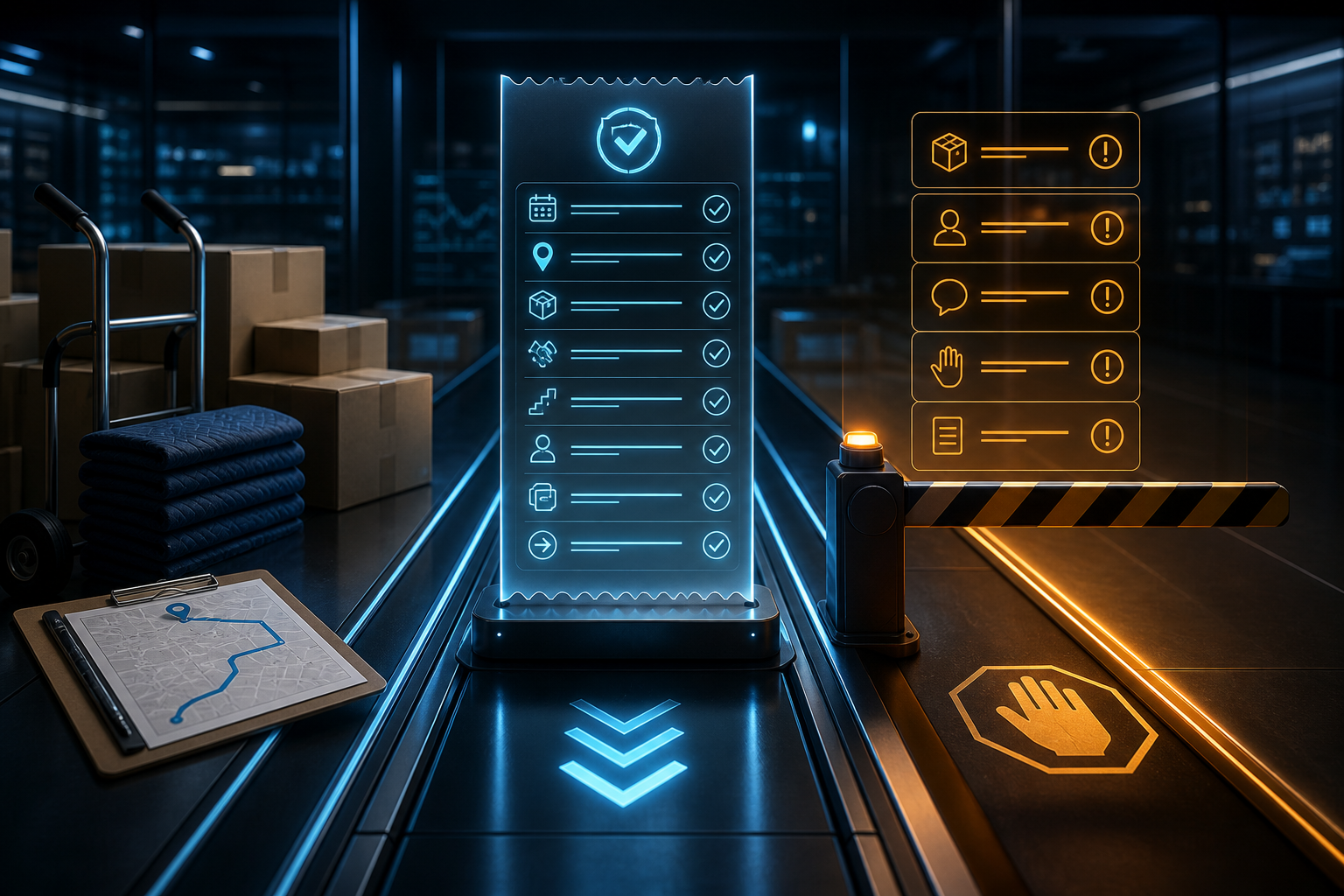 Cinematic 3D moving quote audit receipt with verified fields and a separate amber hold lane behind a safety barrier.