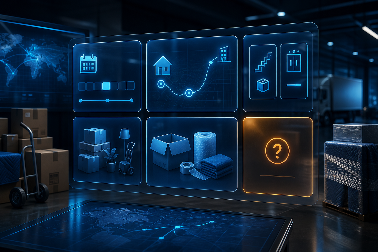 Cinematic 3D moving quote scope board showing date window, route zones, access constraints, shipment categories, services, and one unresolved field.