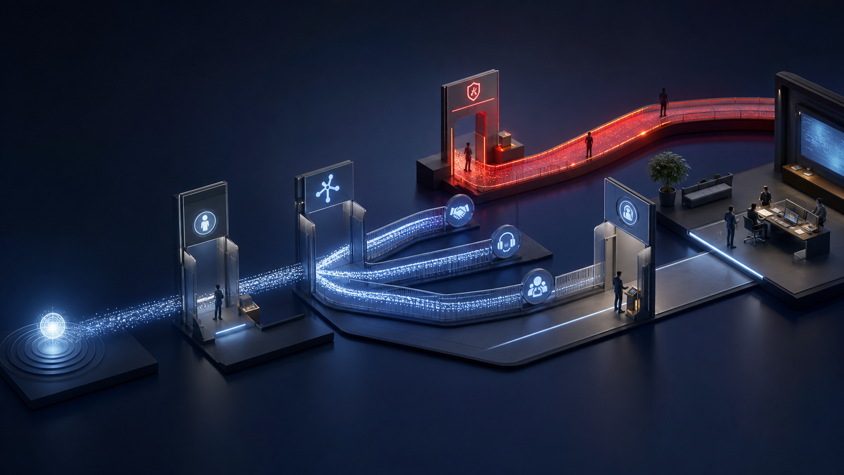Cinematic 3D MSP operations workflow with ordinary inquiry lanes and a protected urgent escalation lane leading to an accountable human owner.