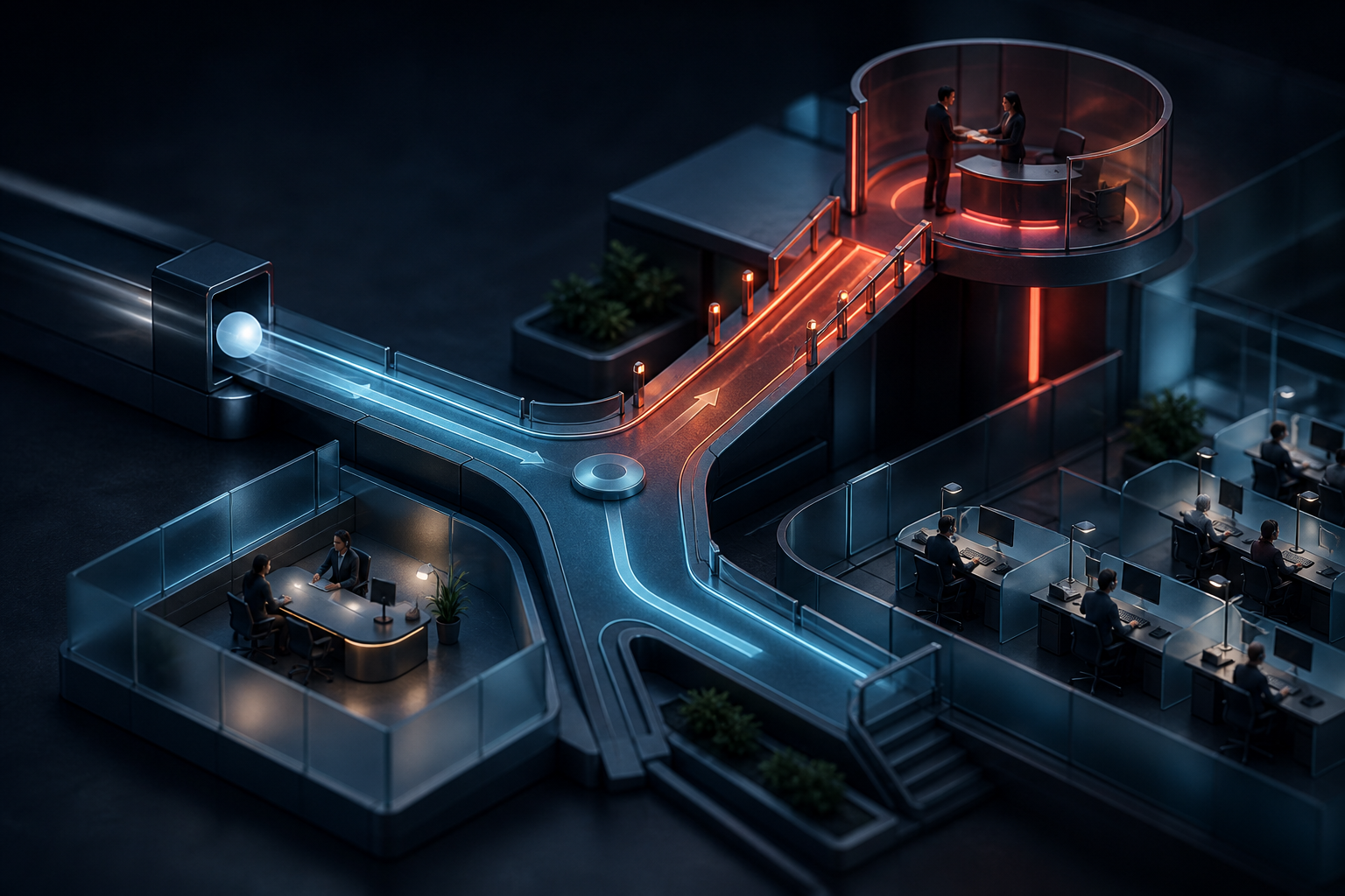 Cinematic 3D MSP request junction separating business, support, and protected urgent security escalation lanes.