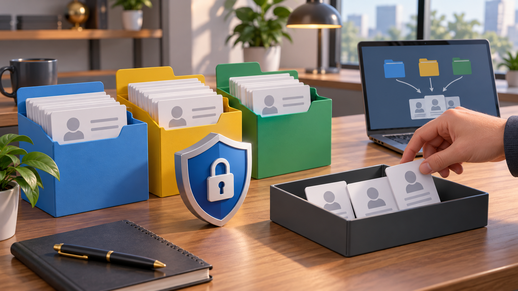 Anonymized sample cards held in separate folders beside a privacy shield while a person selects only a few records for review.