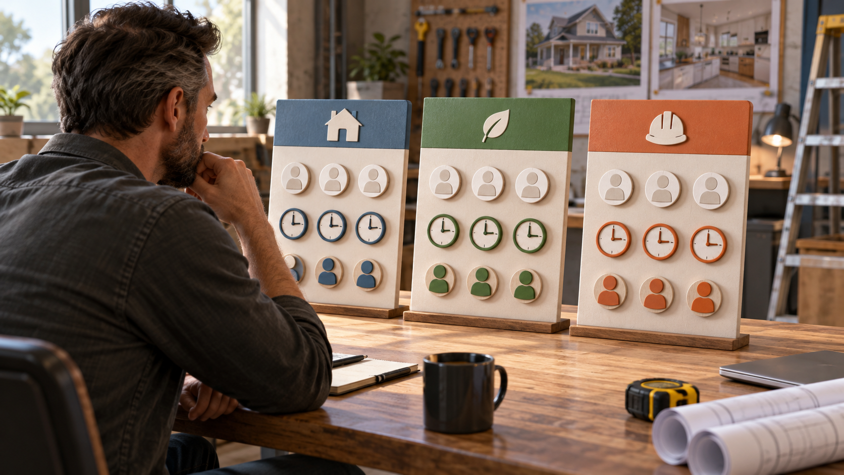 Contractor reviews three abstract source boards with inquiry, response-time and owner symbols before deciding what to investigate.