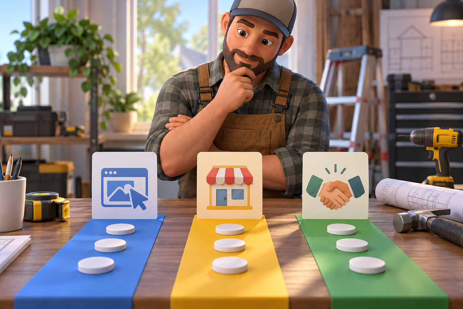 Contractor compares three visually distinct lead-source lanes for a website, marketplace and referral.