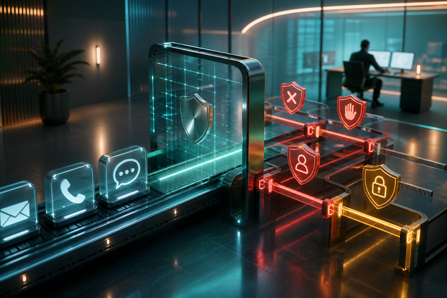Cinematic 3D communications hub routing email, phone, and message channels through privacy and suppression gates before human review.