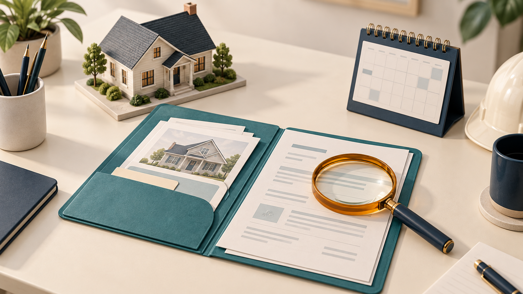 Conceptual 3D contractor desk with a house model, estimate folder, magnifying glass and blank calendar