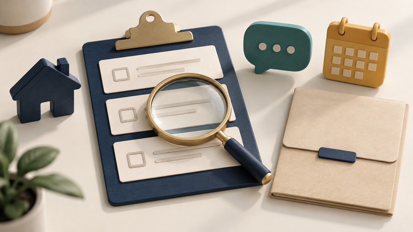 Conceptual 3D review clipboard with separate conversation, appointment calendar and invoice-folder objects