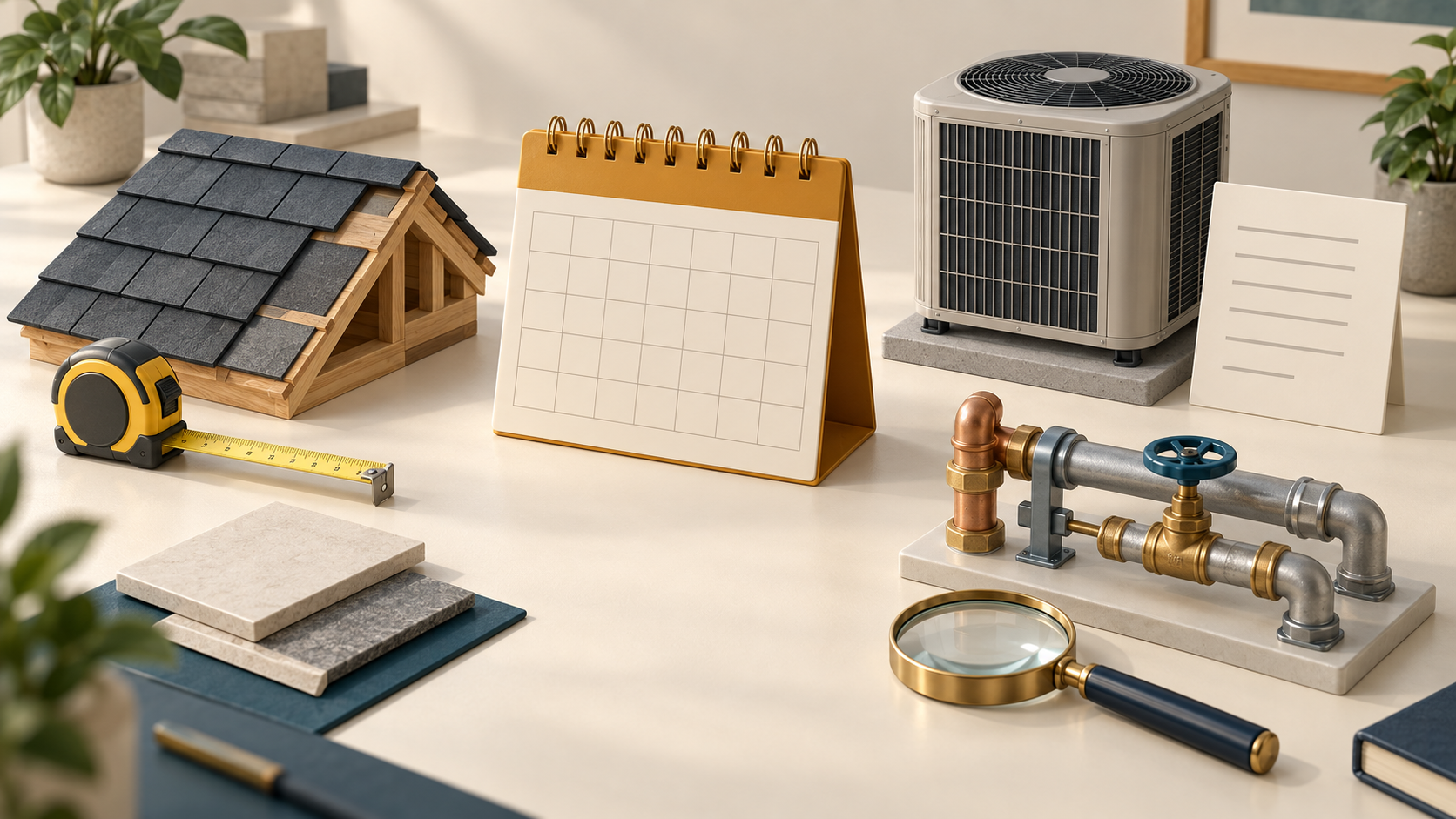 Conceptual 3D roof section, HVAC unit and pipe model beside a blank calendar and inspection tools