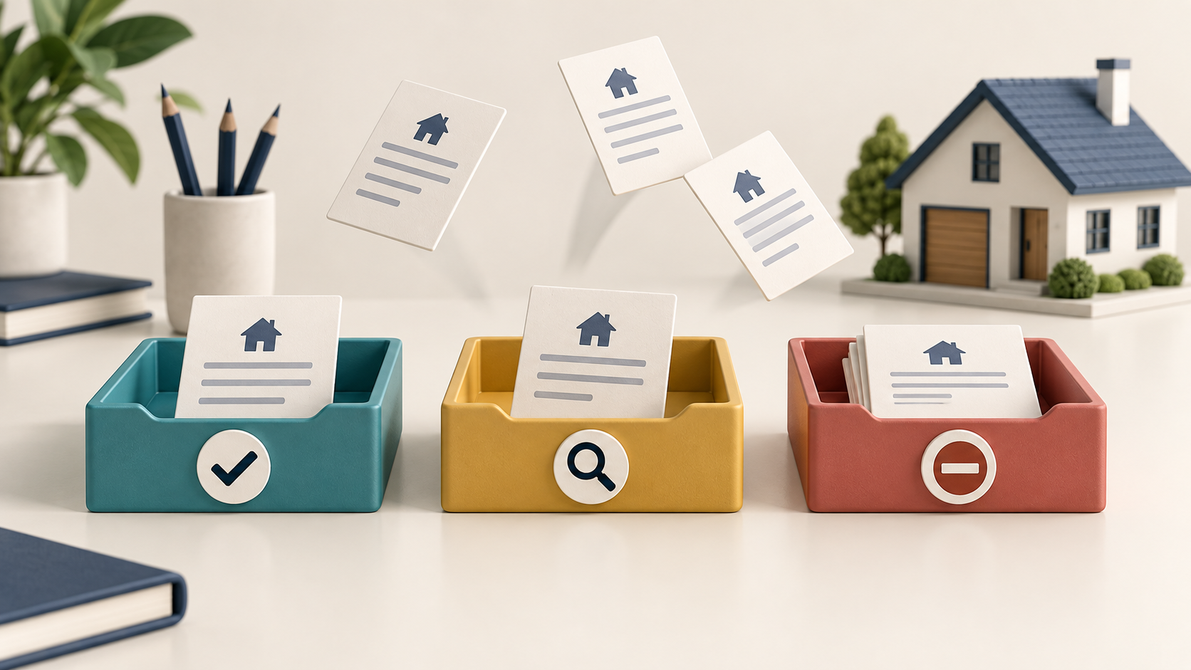 Conceptual 3D estimate cards sorted into teal review, amber hold and muted red stop trays